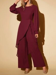 SHEIN Clasi 2pcs/Set Women Elegant Round Neck Asymmetric Lantern Sleeve & Wide Leg Pants Women Clothes Set