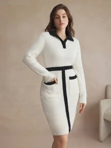 BizChic Plus Size Autumn/Winter Casual Color Block Striped Dual Pocket Fitted Sweater Dress Black And White Winter Women Clothes Holiday Dress Elegant Women Dresses - Black and White - View 4