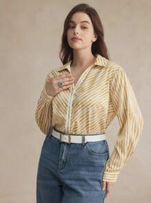 BizChic 1 件女士条纹印花优雅商务衬衫 - 卡其色 - 查看 4