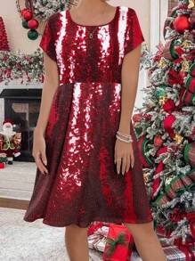 SHEIN LUNE Đầm chắp vá cổ tròn họa tiết sequin đỏ lấp lánh cỡ lớn cho nữ - Nhiều màu - Xem 3