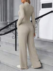SHEIN Maternity Solid Color Stand Collar Long Sleeve Ribbed Pocket Casual Jumpsuit - Apricot - View 2