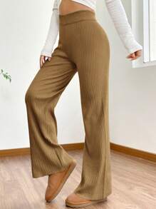 SHEIN EZwear Pantaloni casual in maglia a costine con coulisse in vita, taglia comoda, per l'inverno - Cammello - Visualizzare 4