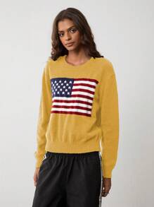 Flirla Women's Casual Crew Neck American Flag Print Long Sleeve Pullover Sweater Knit Pullover Fall Winter - Yellow - View 3