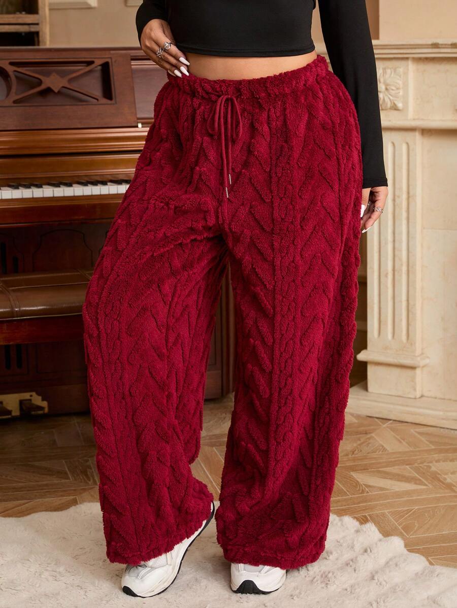 SHEIN EZwear Pantalones peludos de color liso talla grande para invierno, informales - Crema - Ver 1