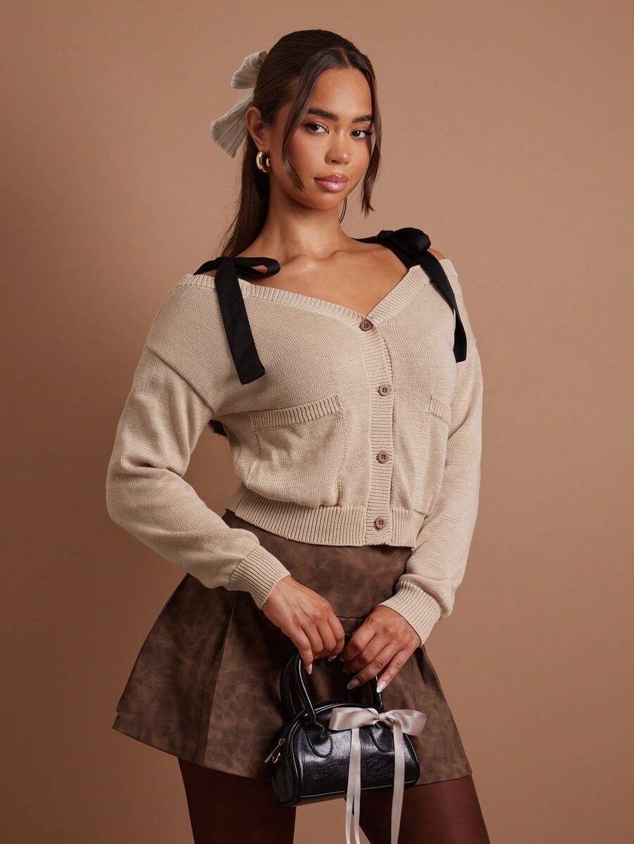 COSMINA Women's Apricot Tie-Front Cardigan, Autumn/Winter - Apricot - View 1