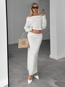 SHEIN Essnce 2pcs Women's Elegant Solid Color Off-Shoulder Top And Skirt Set, Spring/Autumn - White - View 1