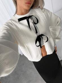 SHEIN Essnce Quần áo mùa đông cho phụ nữ Áo len cardigan cho phụ nữ Áo len dài tay màu trắng thu/đông cho phụ nữ Áo len cardigan buộc phía trước cho phụ nữ Áo len cardigan Áo len mùa thu Quần áo Giáng sinh cho phụ nữ Áo len lễ Tạ ơn - Đen và trắng - Xem 3