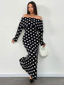 Roamenne Roamenne 1pc Women's Off-Shoulder Polka Dot Knitted Sweater Dress, Maxi Length - Multicolor - View 7