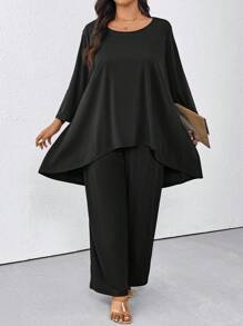 SHEIN CURVE+ 2 件套休闲宽松圆领 3/4 袖不对称下摆女式上衣，加大码 - 黑色 - 查看 1