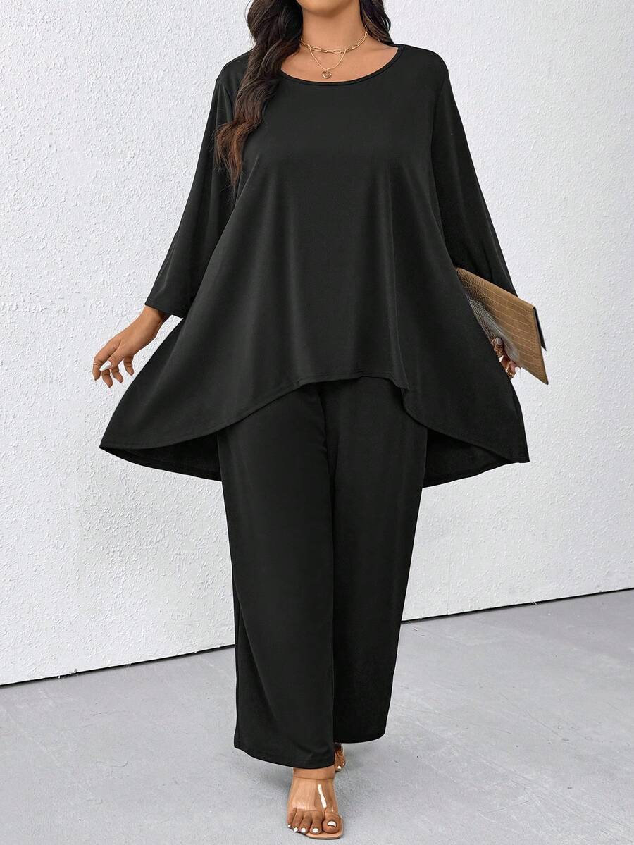 SHEIN CURVE+ 2 件套休闲宽松圆领 3/4 袖不对称下摆女式上衣，加大码 - 黑色 - 查看 1