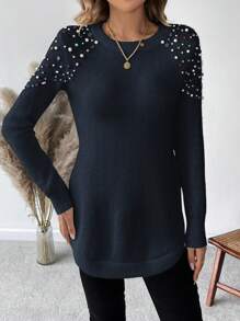 SHEIN LUNE 女士休闲优雅仿珍珠串珠圆领毛衣，适合秋冬季 - 寶藍色 - 查看 3