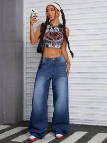 SHEIN ICON 1pc Women's Wide Leg Loose Casual Denim Jeans With Pockets