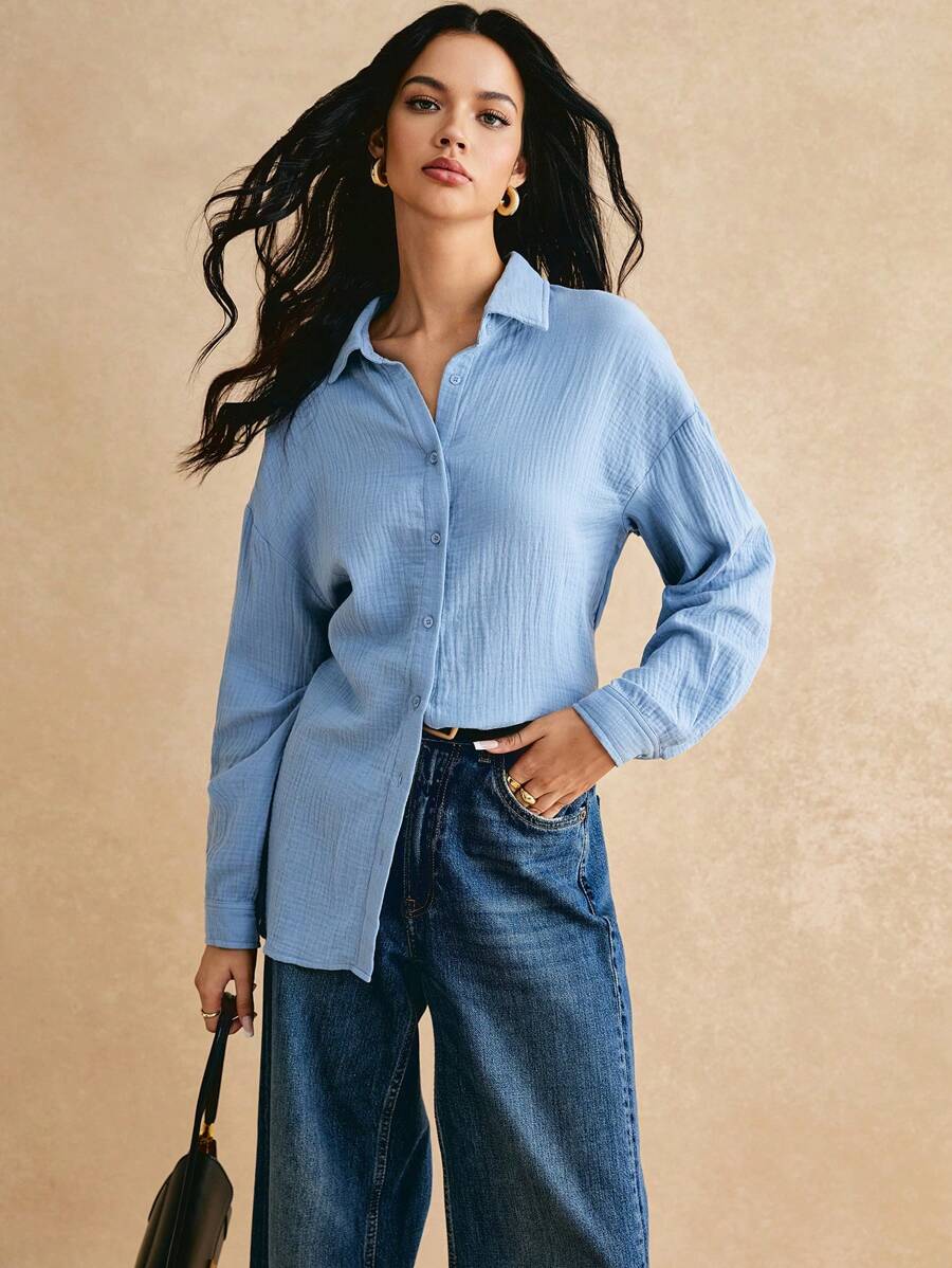 Poéselle 素色落肩袖前紐扣襯衫 - 霧霾藍 - 查看 1