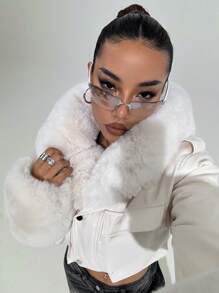 SHEIN X Lucía Bellido StreetHx 1pc Women Fuzzy Patchwork Front Button Basic Casual Jacket - White - View 3