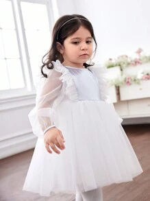 SHEIN Adorable y elegante vestido formal sin mangas con volantes y encaje para niña - Blanco - Ver 5