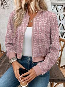 SHEIN LUNE 女式前拉链印花棒球领休闲长袖短款飞行员夹克，夏季 - 粉色 - 查看 1