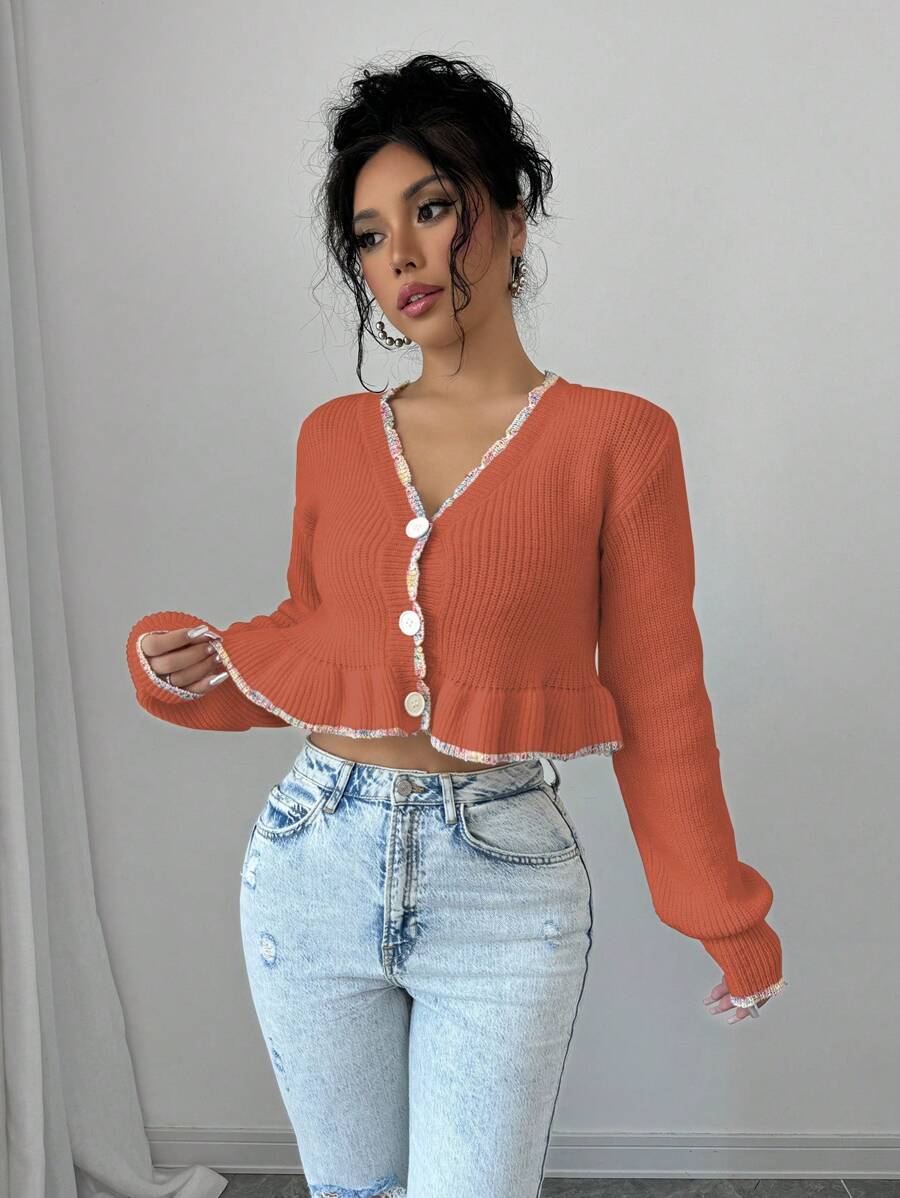 Elenzga Women Casual Contrast Color Ruffle Trim Cardigan, Autumn Fall Cloth For Women - Orange - View 1