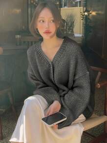 DAZY 1pc Women's Solid V-Neck Loose Knitted Cardigan - Grey - View 3