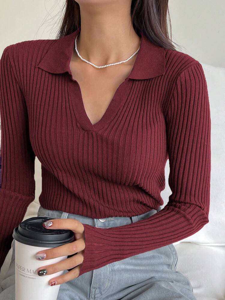 Solid Color Ribbed Crew Neck Long Sleeve Sweater, Business Casual Style,Fall Clothes