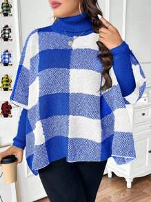 SHEIN Unity Plus Size Plaid High Neck Asymmetric Hem Casual Pullover Sweater, For Winter Knit Pullover Fall - Blue - View 1