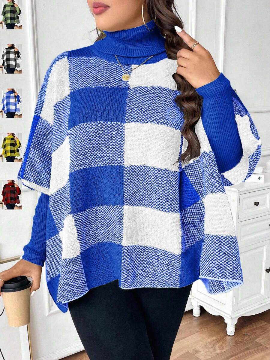 SHEIN Unity Plus Size Plaid High Neck Asymmetric Hem Casual Pullover Sweater, For Winter Knit Pullover Fall - Blue - View 1