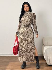 SHEIN EZwear Leopard Print Minimalist Long Sleeve Plus Size Casual Midi Dress