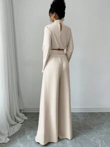 Firerie Conjunto de 2 piezas: Blusa elegante con cuello en color albaricoque y pantalón de pierna ancha, atuendo de maestra, conjunto de pantalón ligero y cómodo, top asimétrico sin mangas - Albaricoque - Ver 6