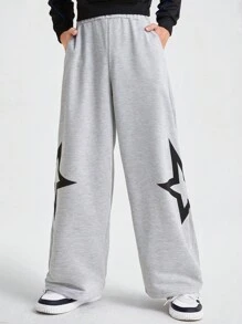 SHEIN Teen Boys' Fashionable Streetwear Style Flame & Star Print Casual Sweatpants, Suitable For Autumn/Winter Daily Wear