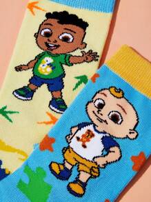 CoComelon X SHEIN 2 Pairs Kids Cartoon Dinosaur & Puzzle Pattern Color Block 100% Cotton Long Socks - Multicolor - View 6