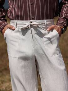 Manfinity RSRT Pantalones casuales de corte recto y ajuste holgado de un solo color con bolsillos, pantalones bohemios largos para el bosque, para regalos de esposo o novio