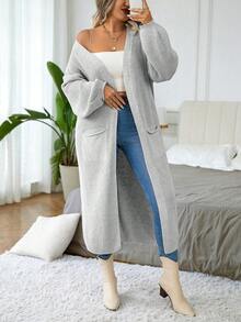 Calvaya Áo khoác cardigan dài tay trễ vai màu trơn cỡ lớn cho nữ, dáng rộng, mùa thu/đông - Màu Xám nhạt - Xem 6