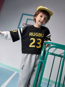 SHEIN Young Boys' Basketball Sports Style Football Graphic Round Neck Long Sleeve Sweatshirt, Street Fashion Athletic - Black - View 3