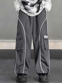 Manfinity Hypemode Men's Loose Fit Wide Leg Casual Splice Reflective Cargo Pants - Dark Grey - View 4