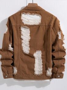 Manfinity Homme Men's Casual Distressed Denim Single Breasted Jacket, Autumn - Khaki - View 2