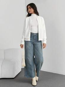 Firerie Ladies Elegant Knit Textured Zipper Up Cardigan, Autumn - White - View 5