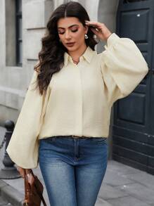 SHEIN Unity Plus Size Women Basic Casual Commute Home Shirt-Style Tunic, Concealed Placket & Batwing Long Sleeve Fall Cloth For Women - Apricot - View 5