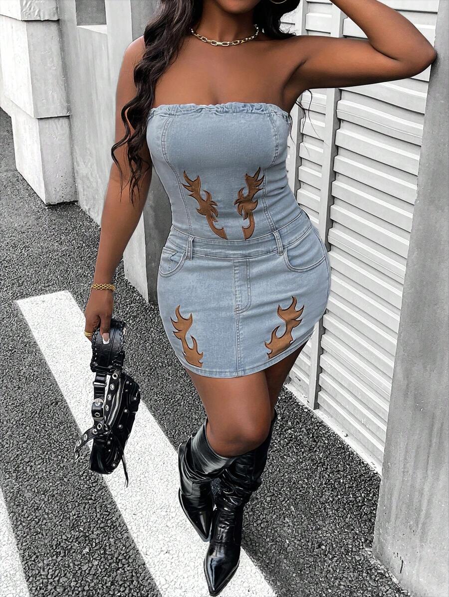SHEIN Slayr 1pc Women's Graphic Print Pocket Bodycon Denim Strapless Mini Dress - Blue - View 1