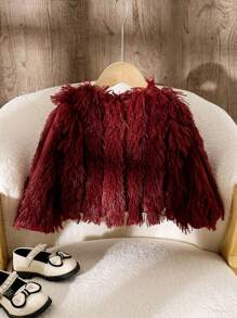 SHEIN Glamorique Kids Baby Girl Toddler Autumn/Winter Versatile Thick Warm Plush Shawl Jacket, Fashion For Party, Birthday, Christmas, New Year, Halloween Events, Wine Red - Burgundy - View 2
