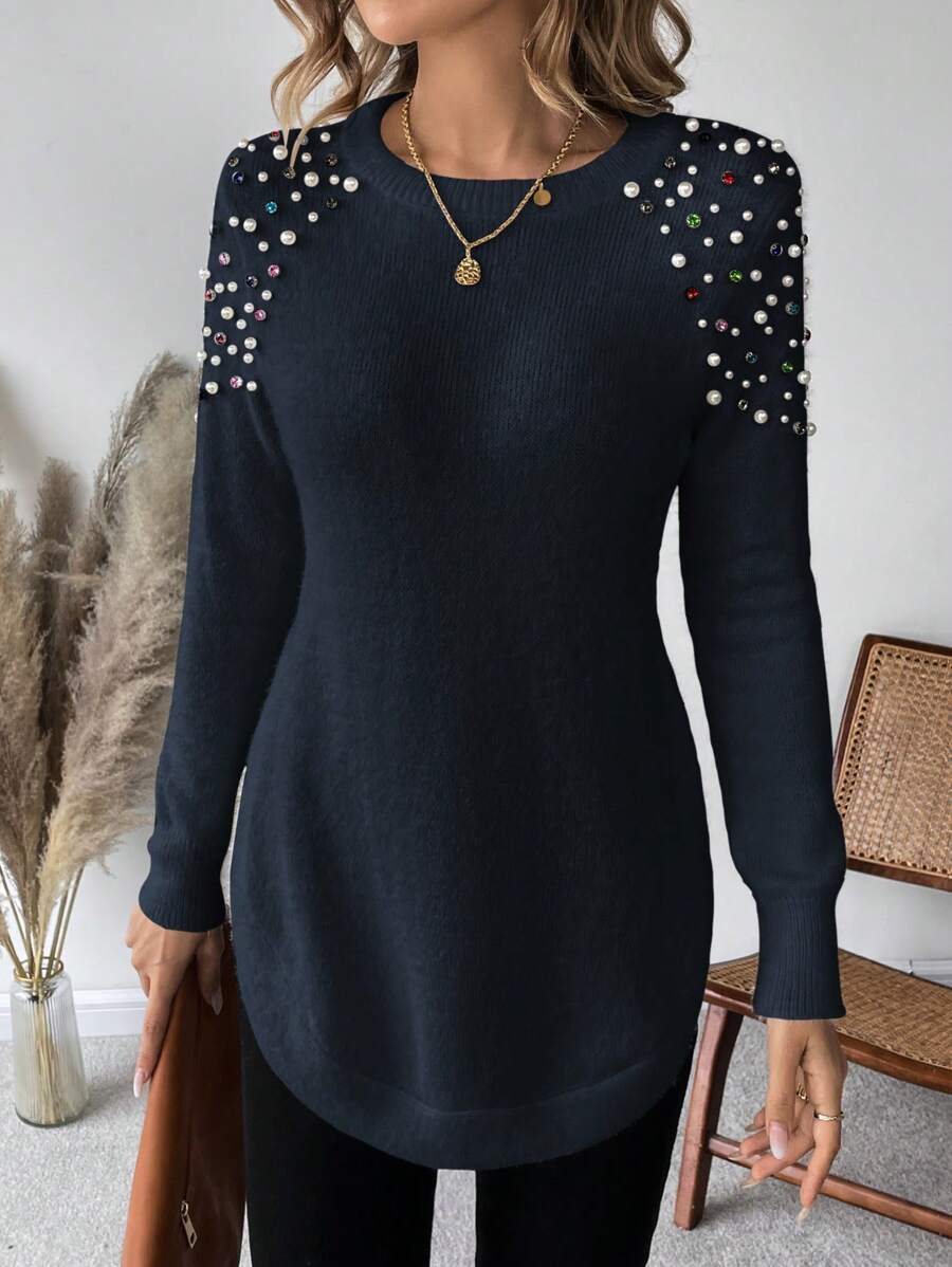 SHEIN LUNE 女士休闲优雅仿珍珠串珠圆领毛衣，适合秋冬季 - 寶藍色 - 查看 1