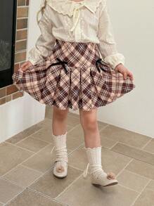 SHEIN LMoss Kids LMoss Young Girl 少女编织格子紧身休闲裙 - 彩色 - 查看 1