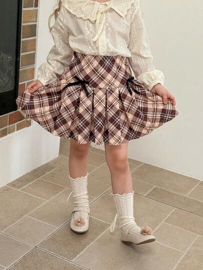 SHEIN LMoss Kids LMoss Young Girl 少女编织格子紧身休闲裙