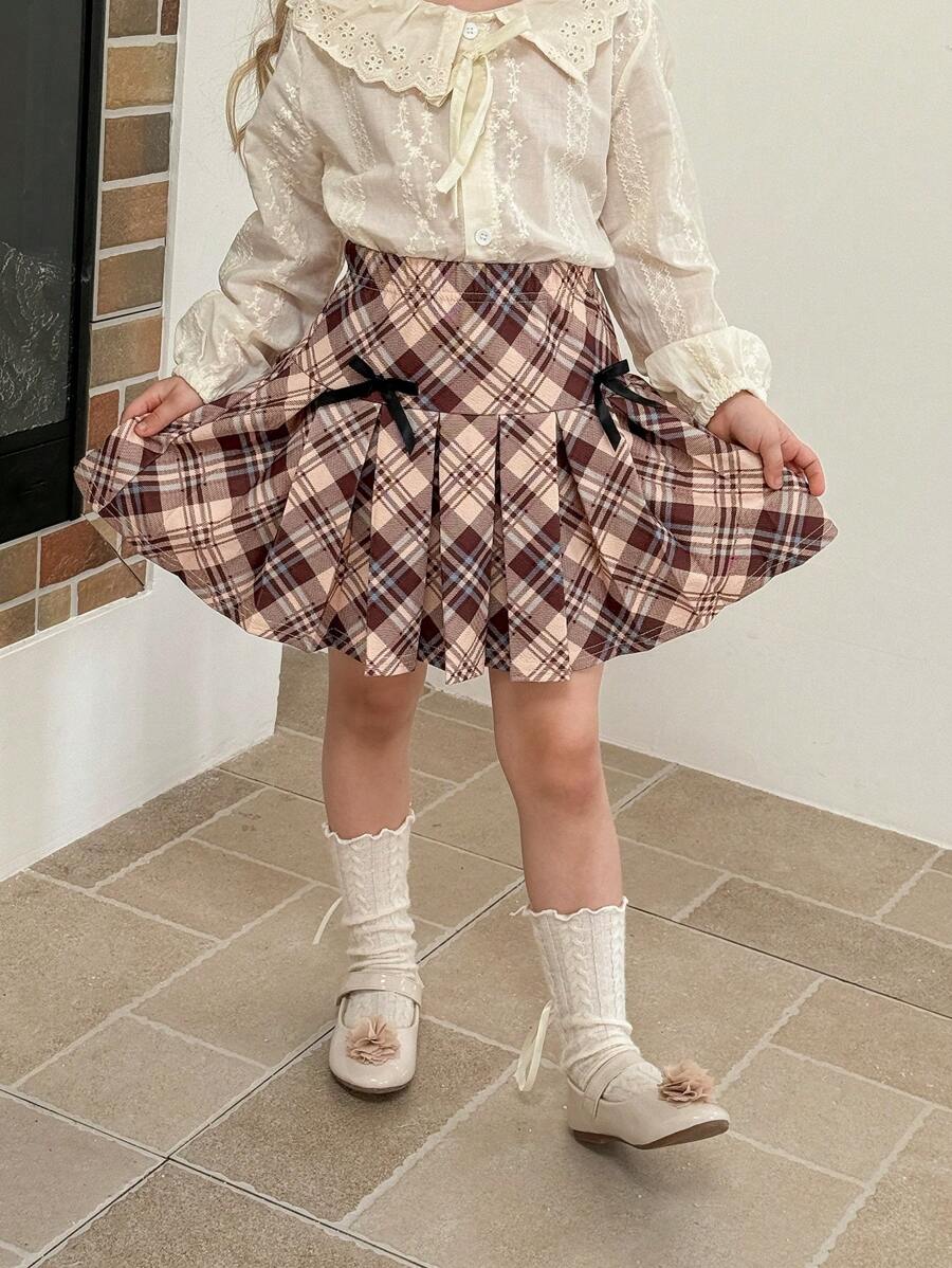 SHEIN LMoss Kids LMoss Young Girl 少女编织格子紧身休闲裙 - 彩色 - 查看 1