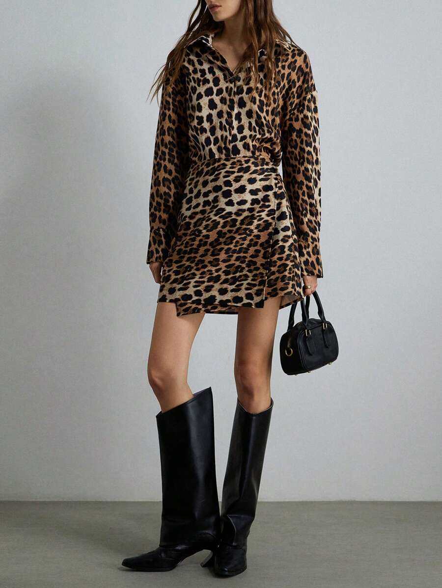 GENKIRA 1件女士复古豹纹不对称下摆裹身连衣裙，优雅时尚，适合秋冬季节假日派对穿着 - 棕色 - 查看 1