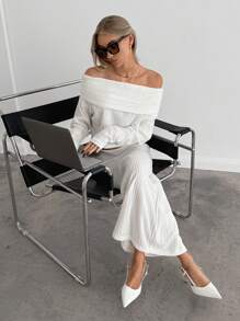 SHEIN Essnce 2pcs Women's Elegant Solid Color Off-Shoulder Top And Skirt Set, Spring/Autumn - White - View 5
