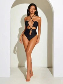 Swim SXY Đồ bơi liền mảnh gợi cảm màu trơn kim loại mới cho nữ mùa hè - màu đen - Xem 3