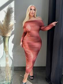 SHEIN SXY 大码女式渐变网眼高领露肩长袖连衣裙 - 彩色 - 查看 3