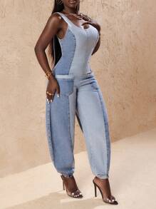 Slaydiva 女士休闲双色露背前拉链牛仔连身裤