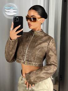 SHEIN ICON Women's Zippered Cropped Fall Clothes Women Jacket,Ladies Late Fall Casual Zipper Regular Sleeve Stand Collar Regular Fit Coffee Brown Plain Women Jackets,Casual Daily Wear