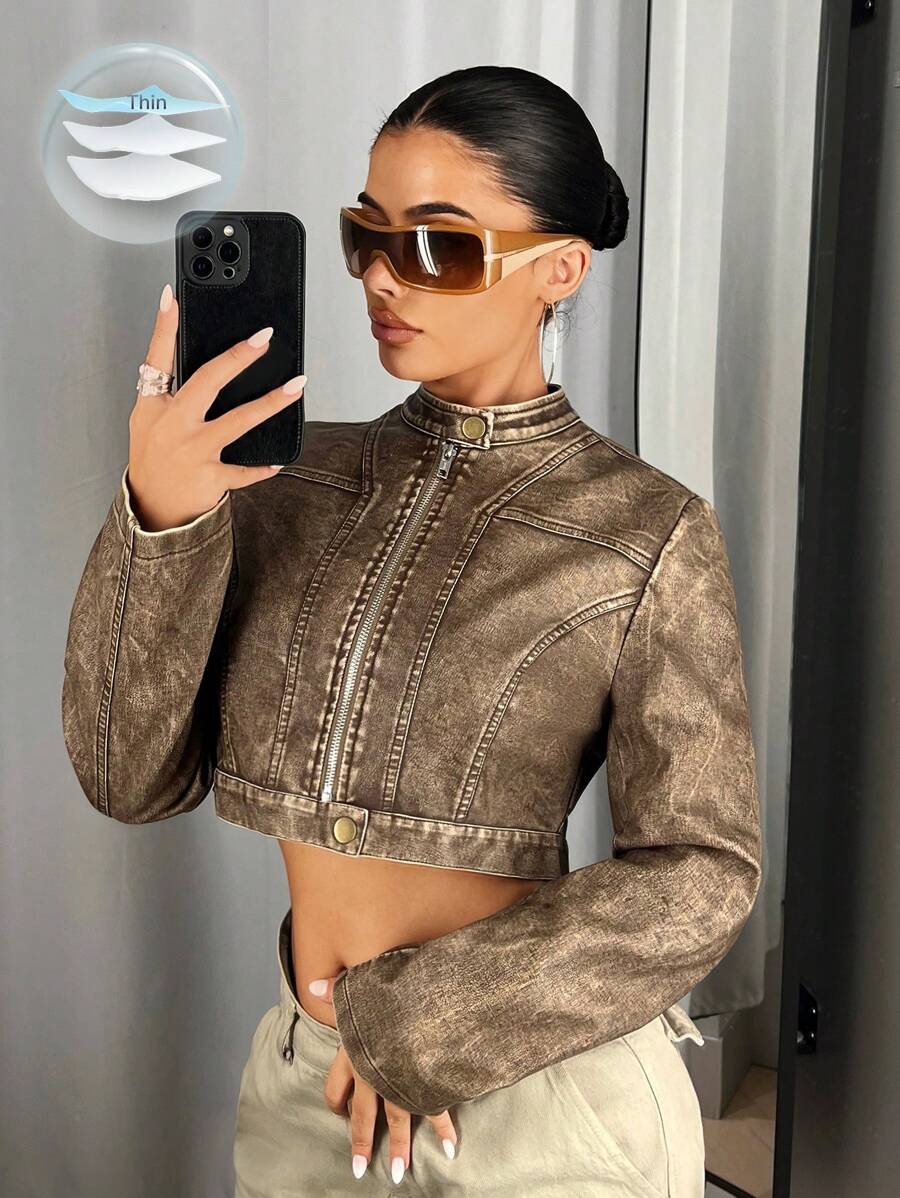 SHEIN ICON Women's Zippered Cropped Fall Clothes Women Jacket,Ladies Late Fall Casual Zipper Regular Sleeve Stand Collar Regular Fit Coffee Brown Plain Women Jackets,Casual Daily Wear