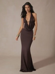 Hauture Draped Halter Neck Backless Top & Maxi Skirt Set - Brown - View 3